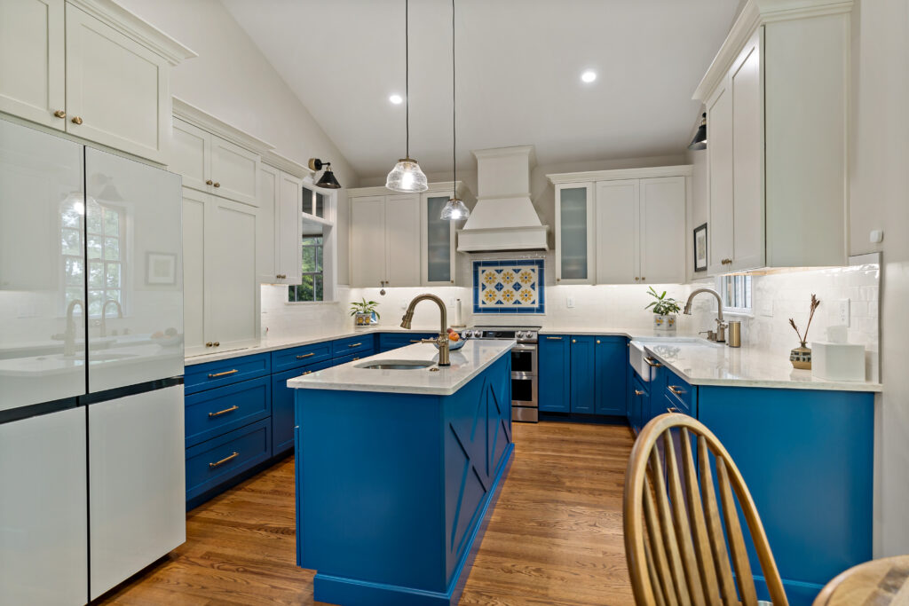 kitchen with rich blue cabinets