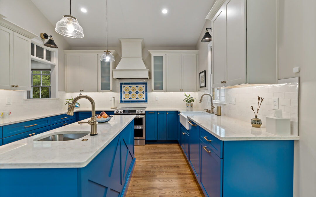 blue kitchen cabinets and hardwood floor