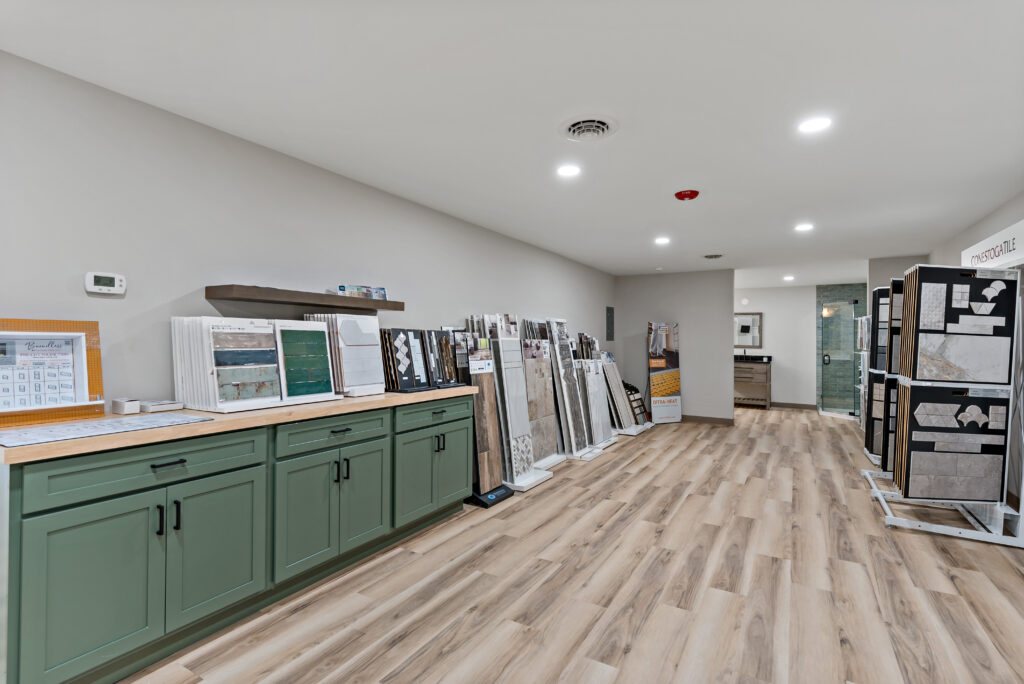 Flooring and tile sample wall in the showroom