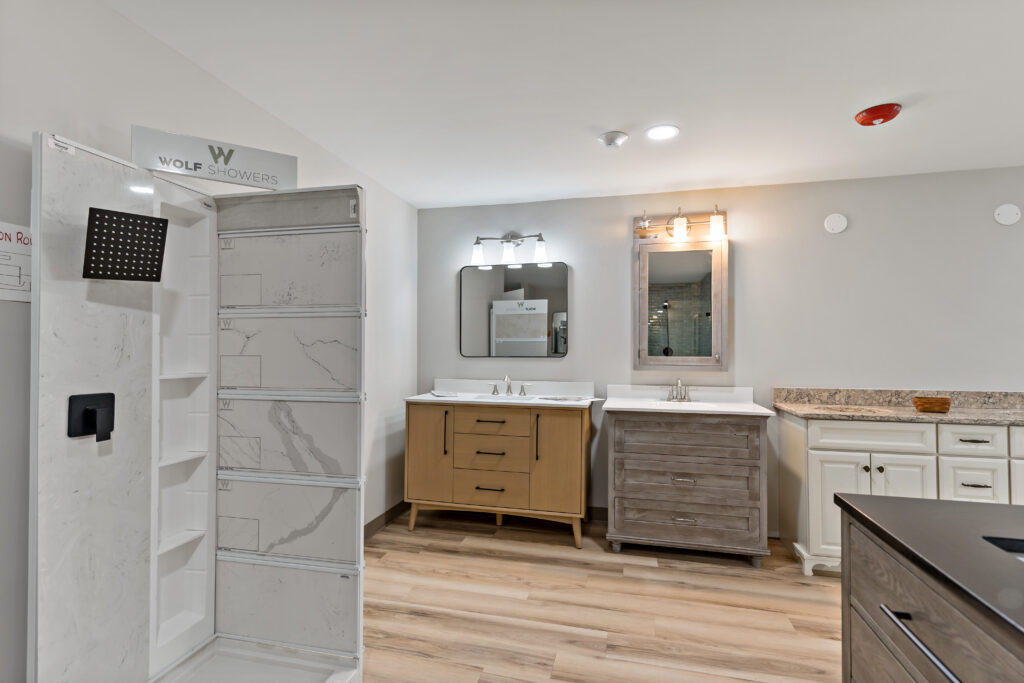 Vanity displays and a marble-look shower wall panel